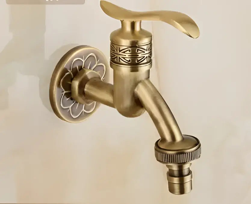 Antique brass single cold tap garden faucet with dragon carved design and ornate floral mounting plate by decorbites dragon