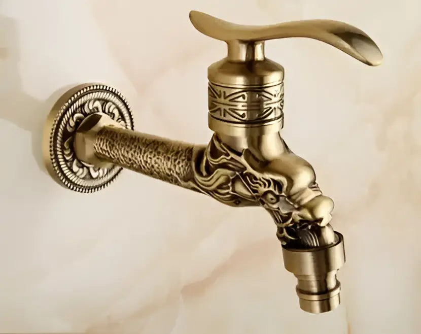 Antique brass single cold tap garden faucet with decorbites dragon carved ornate dragon head design and engraved patterns