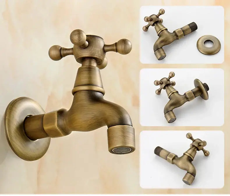 Antique brass vintage-style decorbites dragon carved single cold tap wall-mounted garden faucet with cross-handle design