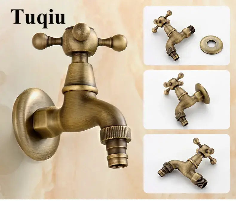 Antique dragon carved decorbites single cold tap garden faucet in brass with cross-handle and hose connection