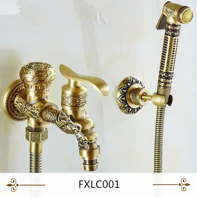 Antique engraved brass bidet shattaf with ornate dragon head design and matching handheld showerhead for bathroom use