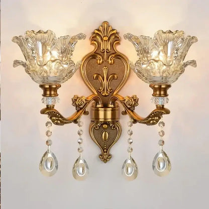 Antique european brass wall lamp with gold tone, decorbites crystal glass dual heads, and crystal flower-shaped shades