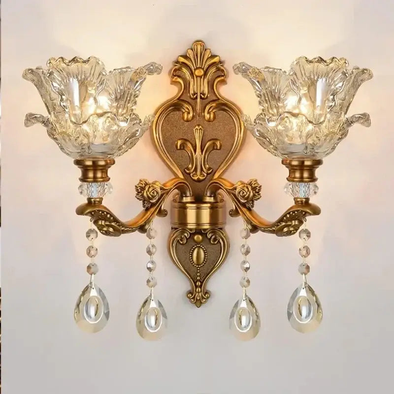 Antique european brass wall lamp with gold tone, decorbites crystal glass dual heads, and crystal flower-shaped shades
