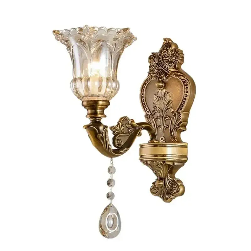 Antique european brass crystal glass dual head wall lamp with antique gold ornate sconce and dangling crystal pendant