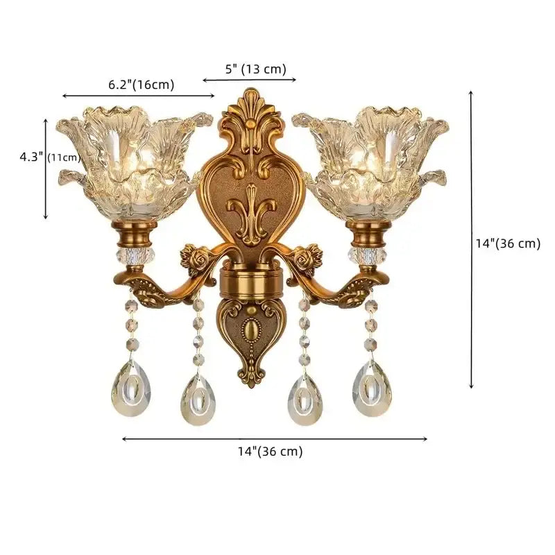 Antique european brass wall lamp with gold finish, decorbites crystal glass dual head and dangling crystal teardrop pendants