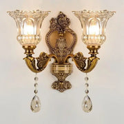 Antique European brass wall lamp with crystal glass dual heads ornate floral decorbites crystal glass shades