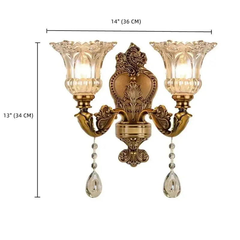 Antique european brass crystal glass dual wall lamp with ornate floral detailing and crystal teardrop pendants for decorbites