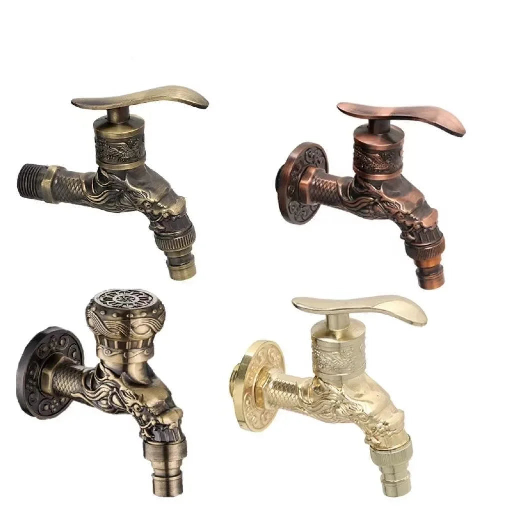 Antique european style wall mounted single hole cold water faucet with ornate brass and copper dragon design taps