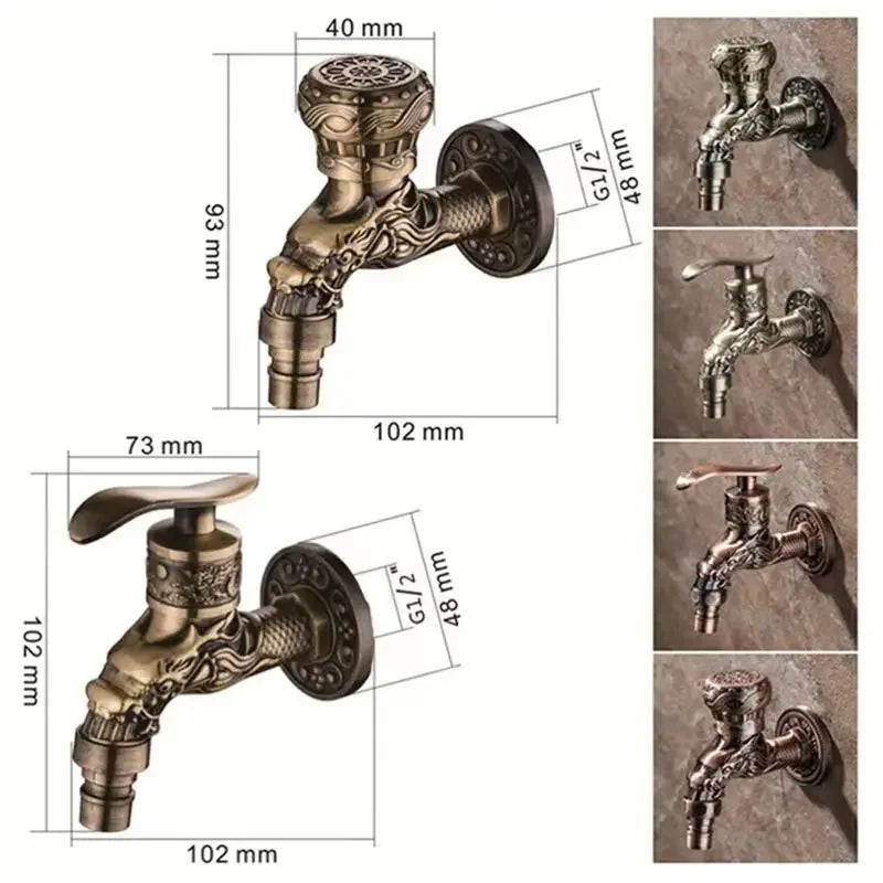 Antique bronze-finished single hole wall mounted cold water faucet with intricate dragon and floral embossing