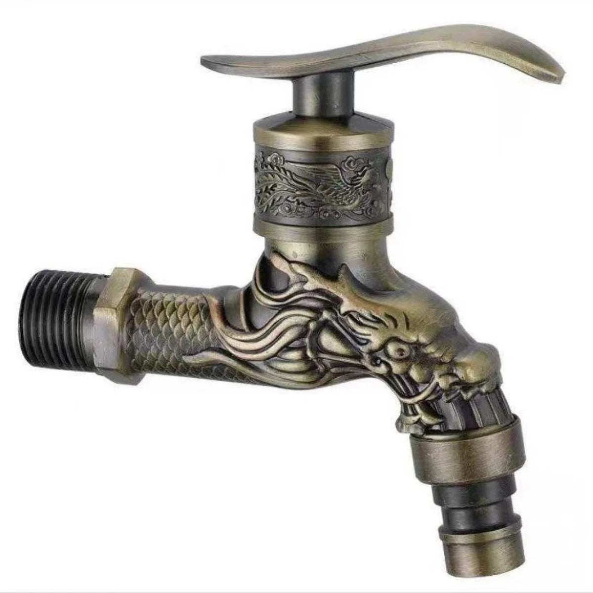 Antique brass wall mounted single hole cold water faucet with intricate dragon head design and embossed patterns