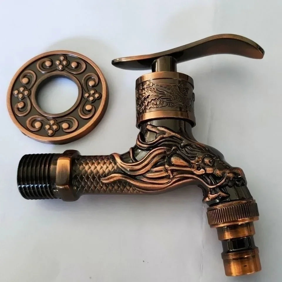 Antique european style wall mounted single hole cold water faucet with bronze finish and intricate dragon design