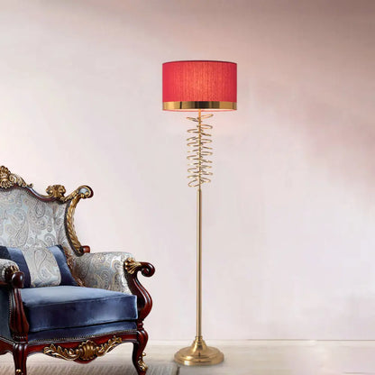 Lámpara de pie antigua con pantalla cilíndrica de tela blanca y roja, un solo cabezal y anillos decorativos - Ideal para salón