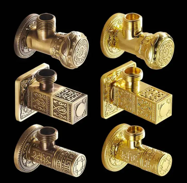 Antique floral brass bathroom angle stop valve with gold-plated embossed patterns on brass stop valve