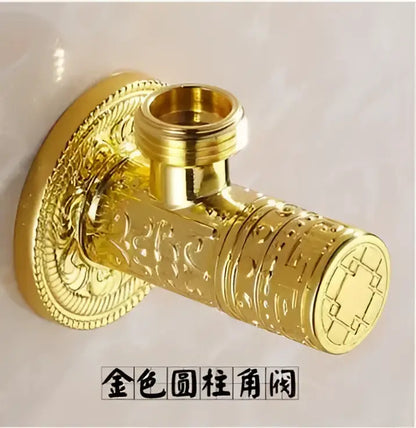 Antique floral brass angle stop valve featuring a golden ornate embossed cylindrical bathroom stop valve design