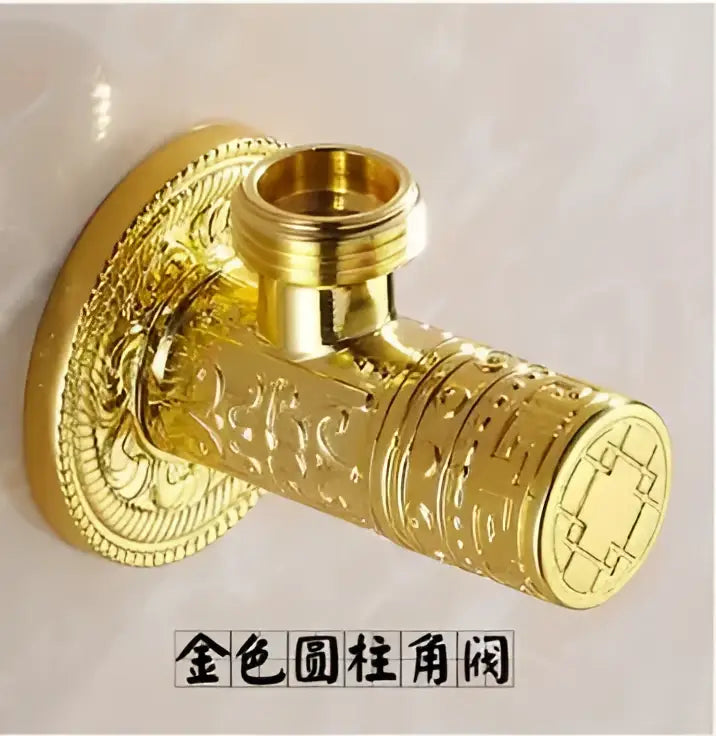 Antique floral brass angle stop valve featuring a golden ornate embossed cylindrical bathroom stop valve design