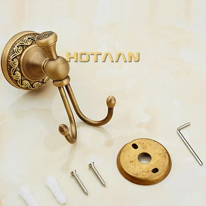 Antique floral brass double robe hook with ornate mounting plate in antique finish for bathroom decorbites brass robe use