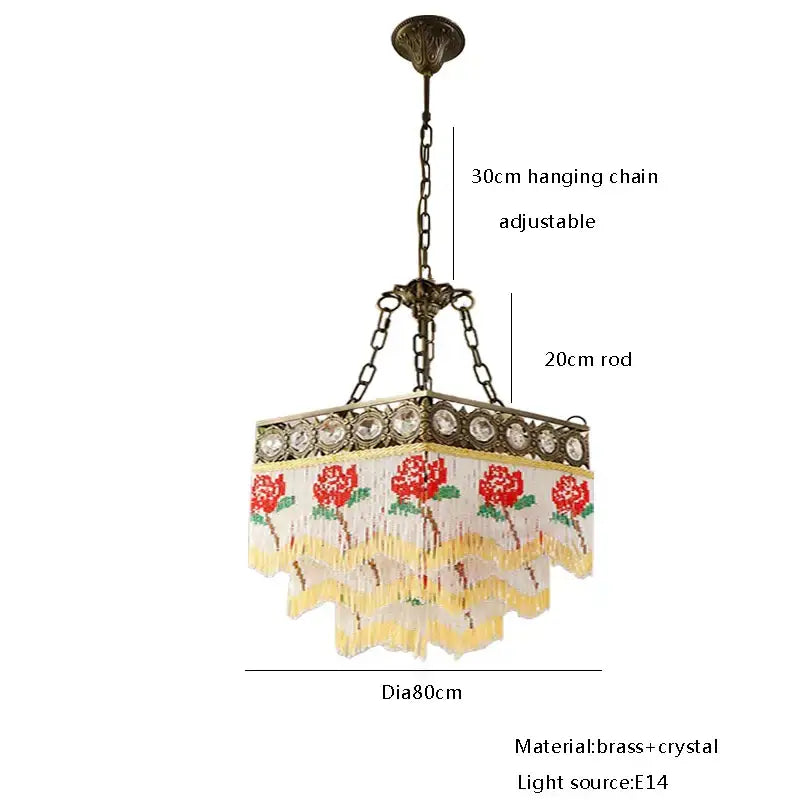 Antique french brass crystal chandelier with hexagonal red embroidered shade yellow fringe and brass crystal accents