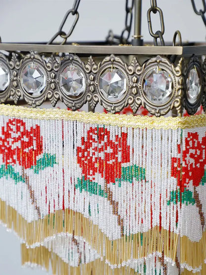 Antique french brass crystal chandelier with crystal accents and beaded red rose fringe for living room decorbites french brass