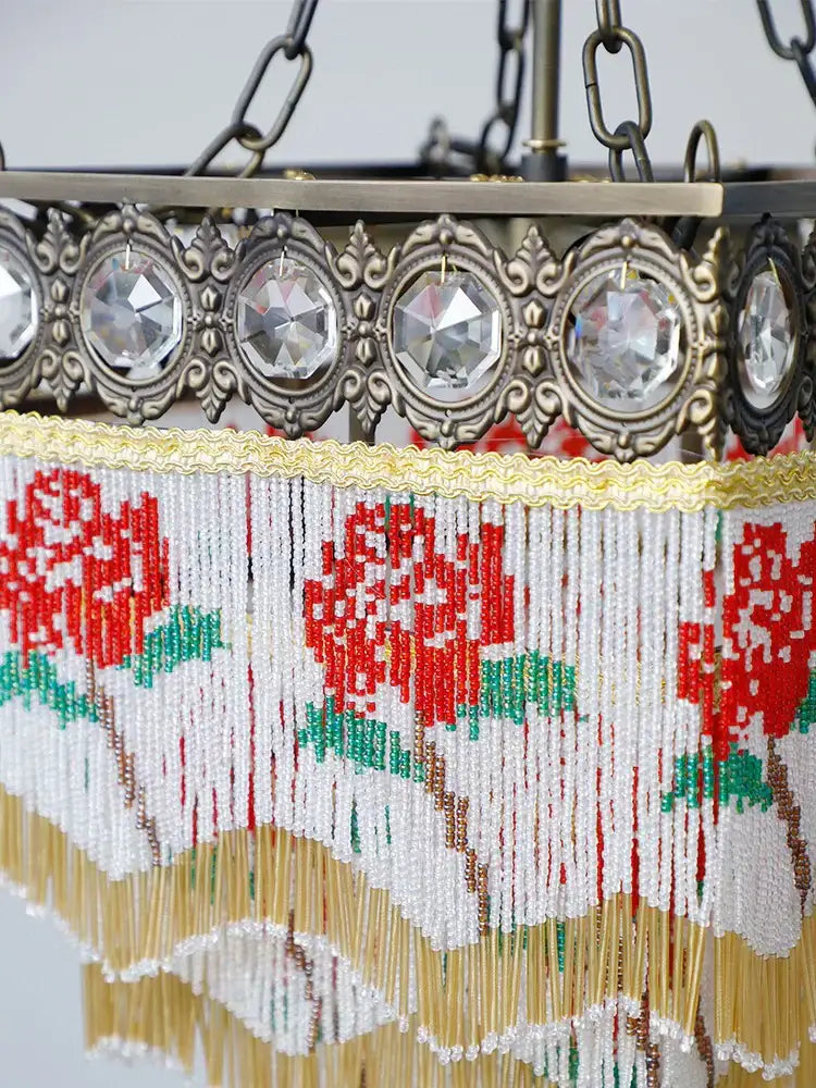 Antique french brass crystal chandelier with crystal accents and beaded red rose fringe for living room decorbites french brass