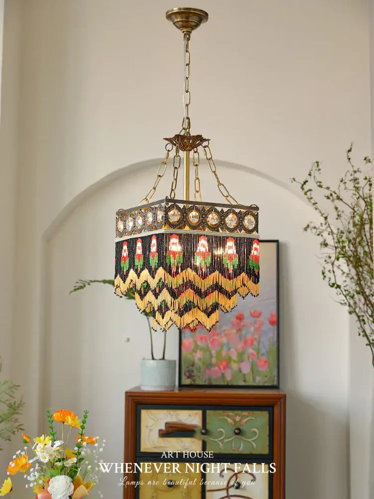 Antique french brass crystal chandelier with intricate beaded fringe and colorful floral glass panels for living room decorbites french brass