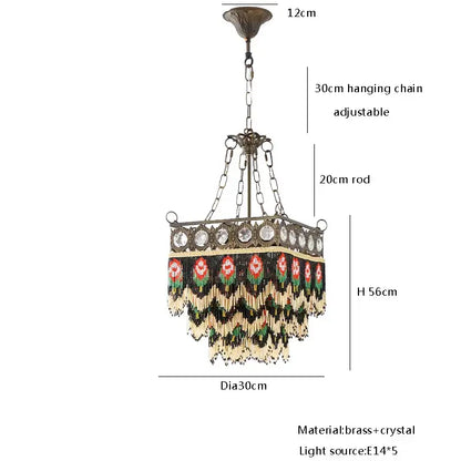 Antique french brass crystal chandelier with beaded floral fringe in black green red and cream for living room decorbites french brass