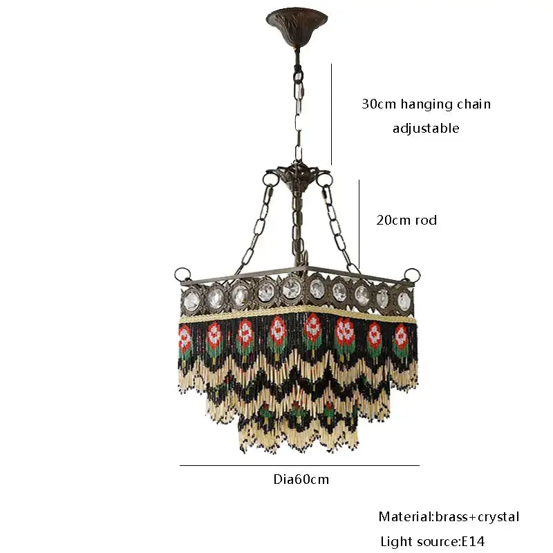 Antique french brass crystal chandelier with red green and cream beaded fringe for living room decor by decorbites french brass