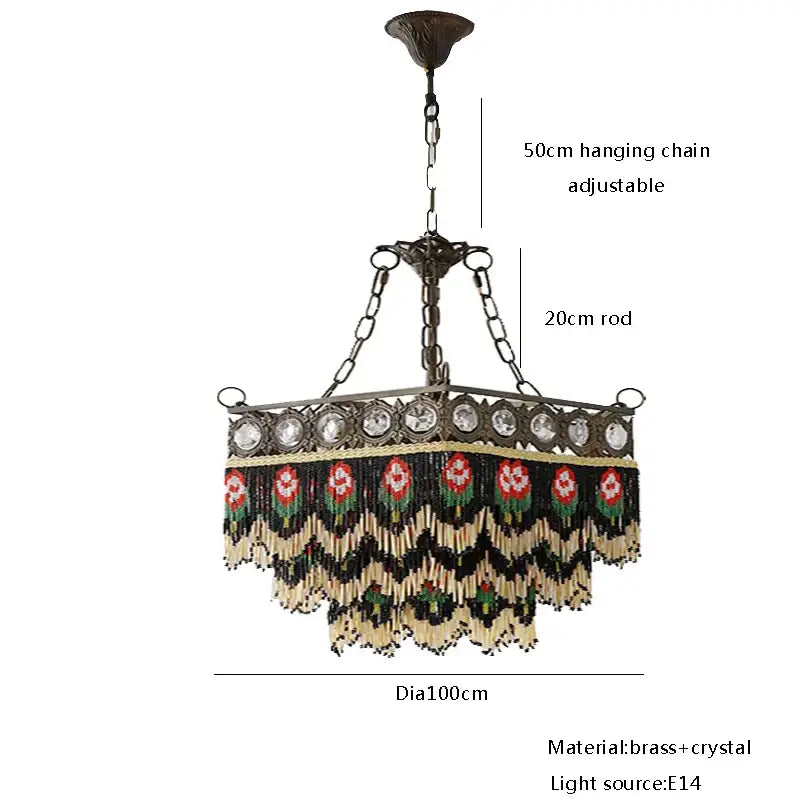 Antique french decorbites french brass crystal chandelier with black beige beaded fringe and red floral tassel light