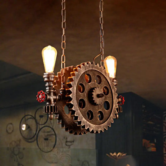 DecorBites™ Antique Gear Pendant Light with Exposed Bulb - 2-Light Rustic Island Pendant for Dining Room