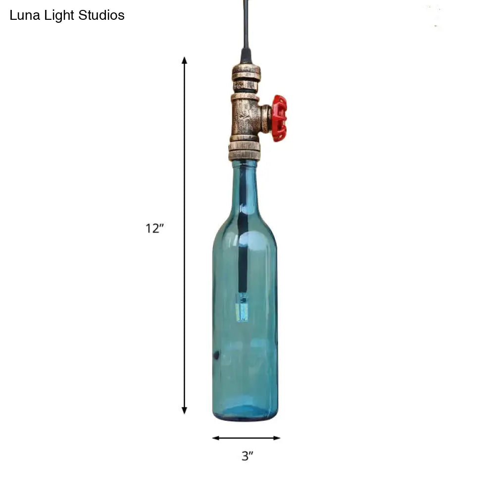 Antique Glass Water Pipe Pendant Light with Bottle Shade and Valve for Restaurant Ceiling Fixture - 1 Light Blue/Amber