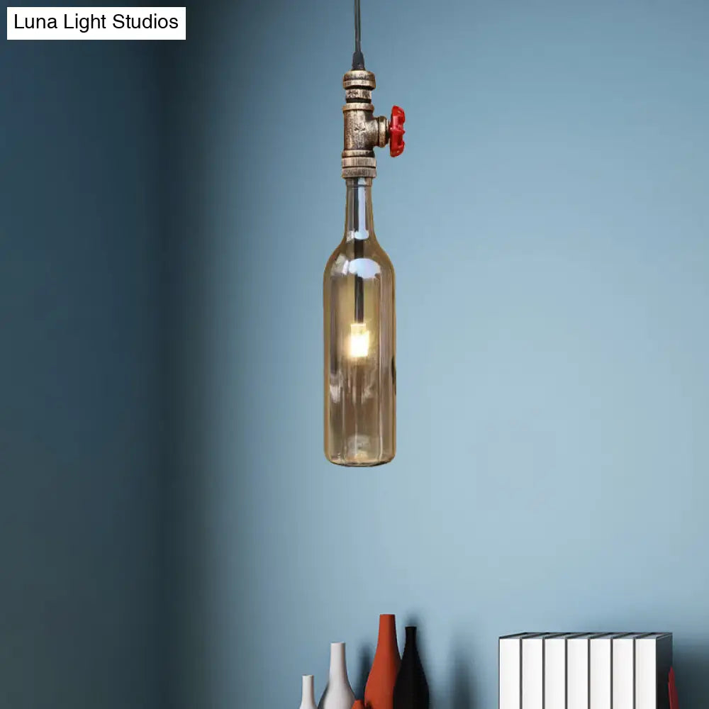 Antique Glass Water Pipe Pendant Light with Bottle Shade and Valve for Restaurant Ceiling Fixture - 1 Light Blue/Amber