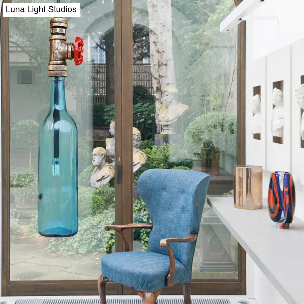 Antique Glass Water Pipe Pendant Light with Bottle Shade and Valve for Restaurant Ceiling Fixture - 1 Light Blue/Amber