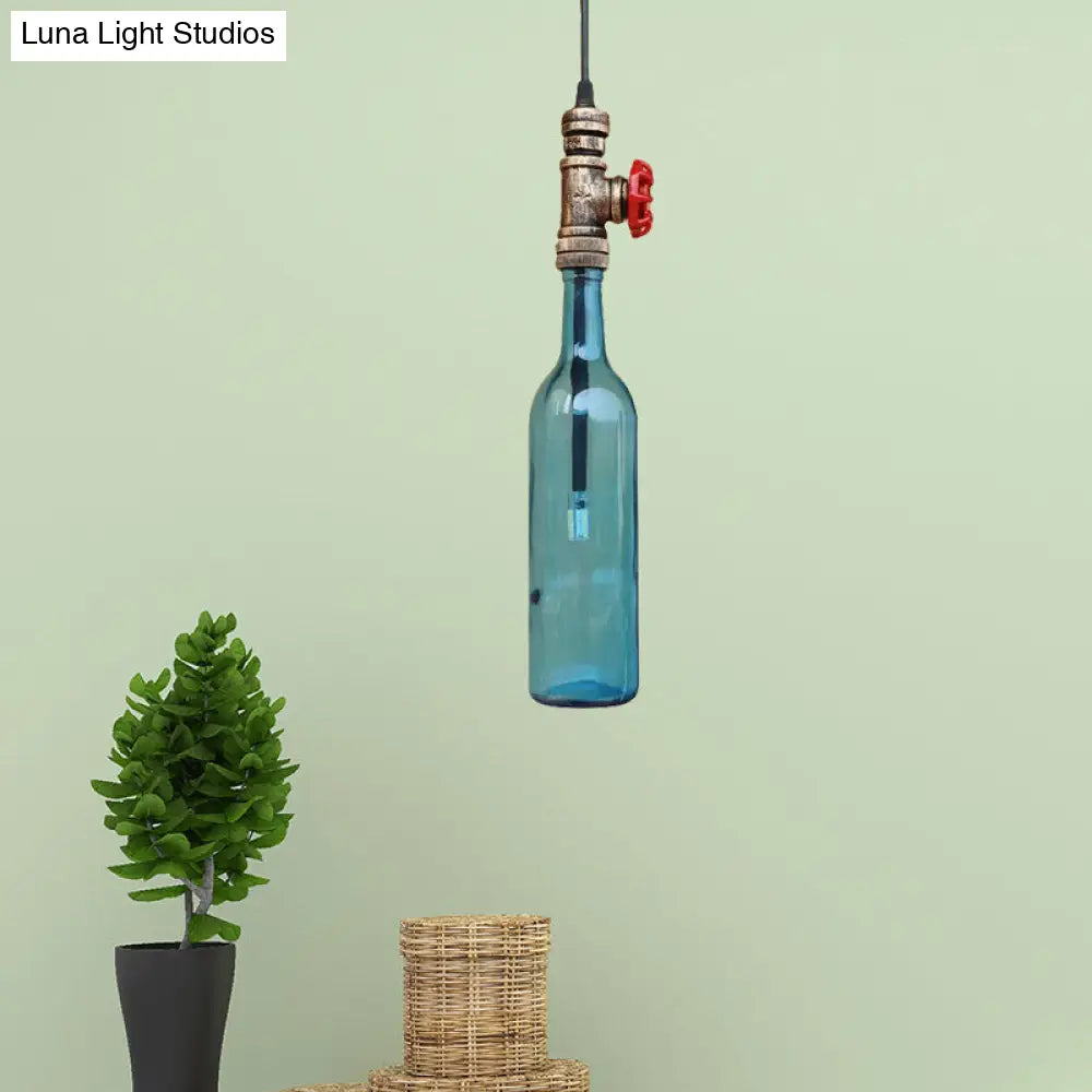 Antique Glass Water Pipe Pendant Light with Bottle Shade and Valve for Restaurant Ceiling Fixture - 1 Light Blue/Amber