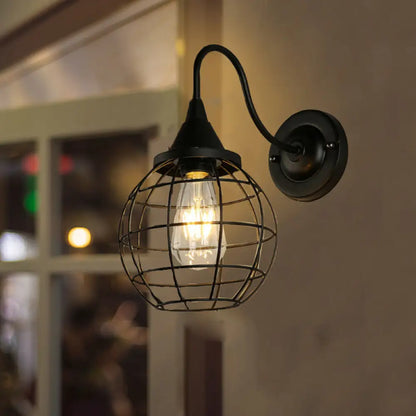 DecorBites™ Antique Globe Cage Wall Mount Light - Single-Bulb Iron Fixture for Restaurants