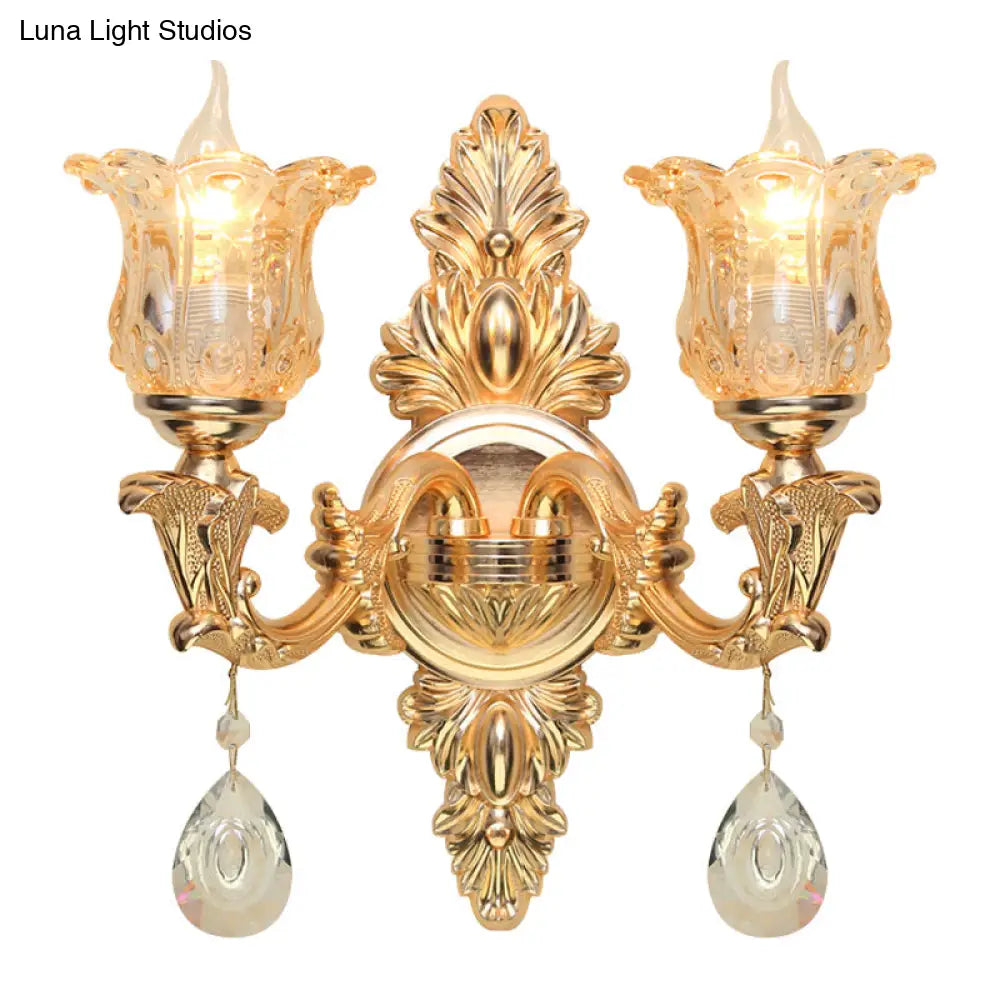 Lámpara de pared antigua dorada con forma de campanilla y cristal ámbar, kit con 2 luces para aplique de salón