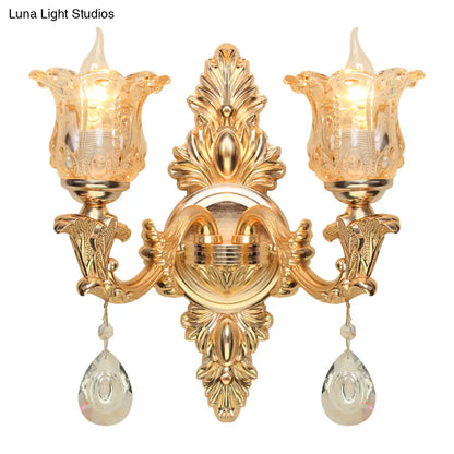 Lámpara de pared antigua dorada con forma de campanilla y cristal ámbar, kit con 2 luces para aplique de salón