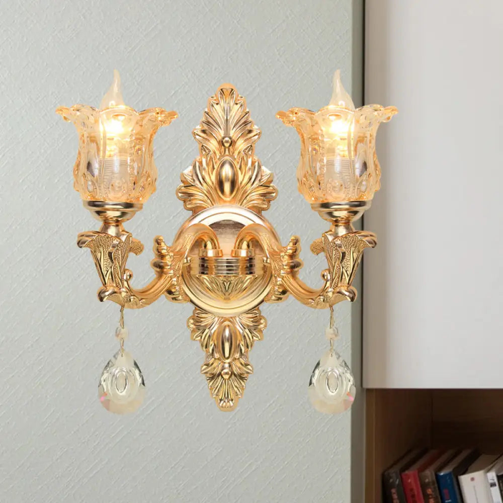 Lámpara de pared antigua dorada con forma de campanilla y cristal ámbar, kit con 2 luces para aplique de salón