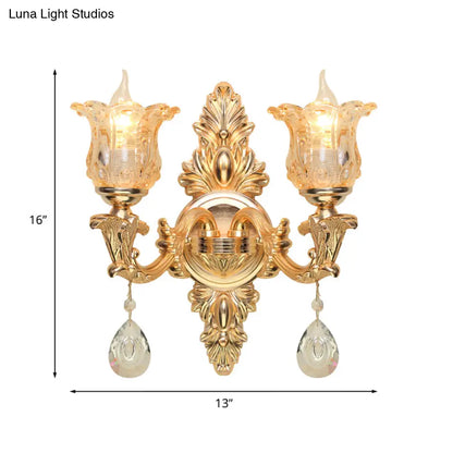 Lámpara de pared antigua dorada con forma de campanilla y cristal ámbar, kit con 2 luces para aplique de salón