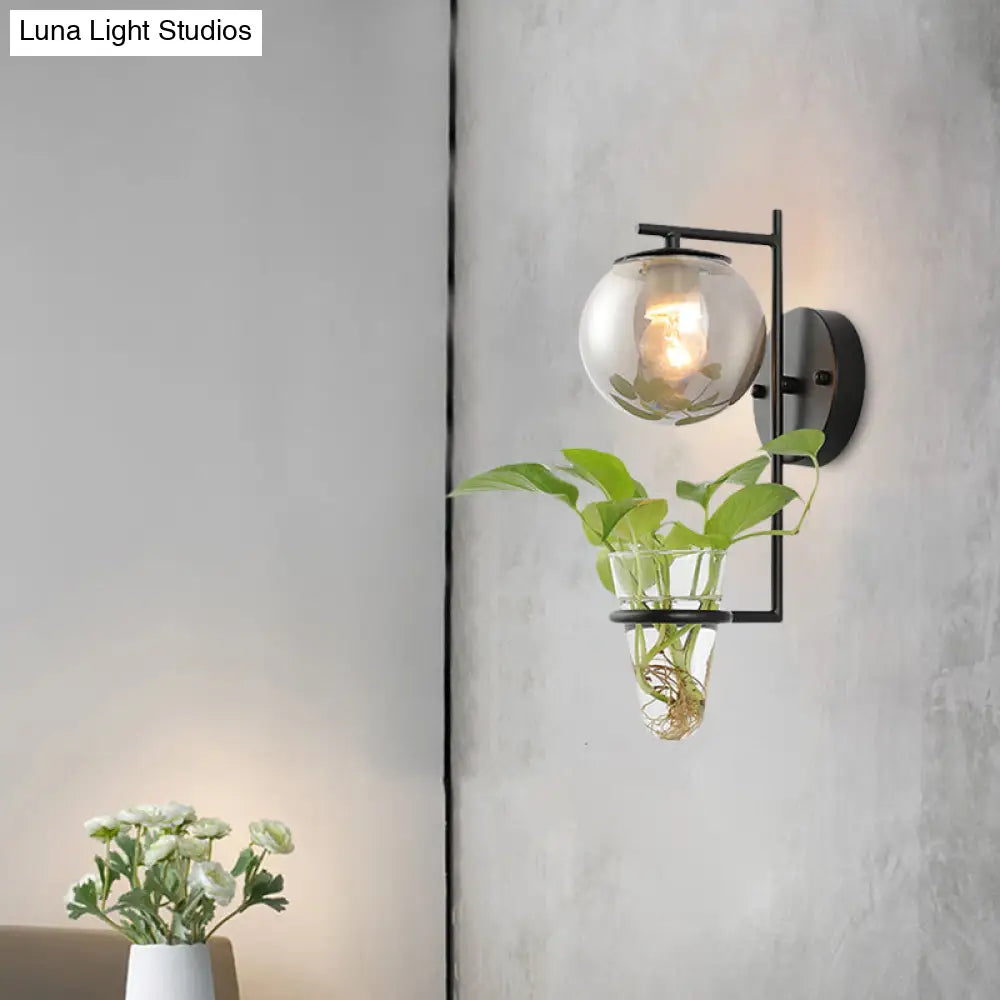 Aplique de pared antiguo dorado/negro con pantalla esférica y cristal crema/gris ahumado, lámpara de pared de una cabeza para dormitorio con maceta de cristal transparente.