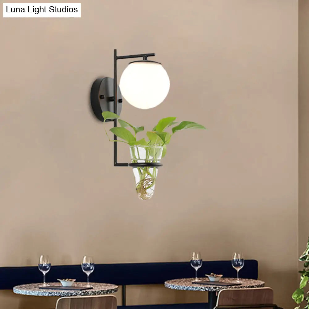 Aplique de pared antiguo dorado/negro con pantalla esférica y cristal crema/gris ahumado, lámpara de pared de una cabeza para dormitorio con maceta de cristal transparente.