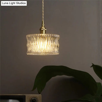 Antique Gold Cylindrical Ribbed Glass Pendant Lamp - Clear Single Ceiling Light for Sitting Room