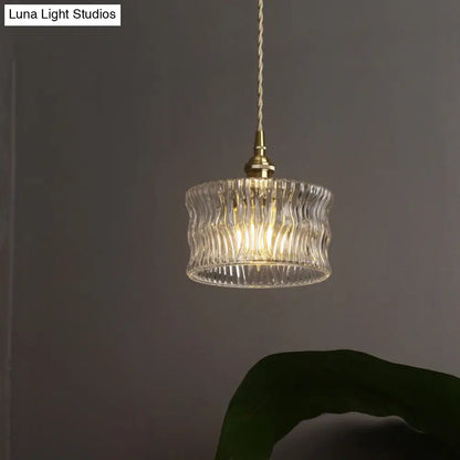 Antique Gold Cylindrical Ribbed Glass Pendant Lamp - Clear Single Ceiling Light for Sitting Room