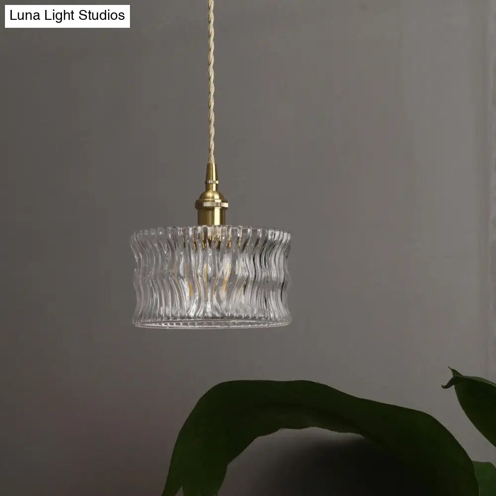 Antique Gold Cylindrical Ribbed Glass Pendant Lamp - Clear Single Ceiling Light for Sitting Room