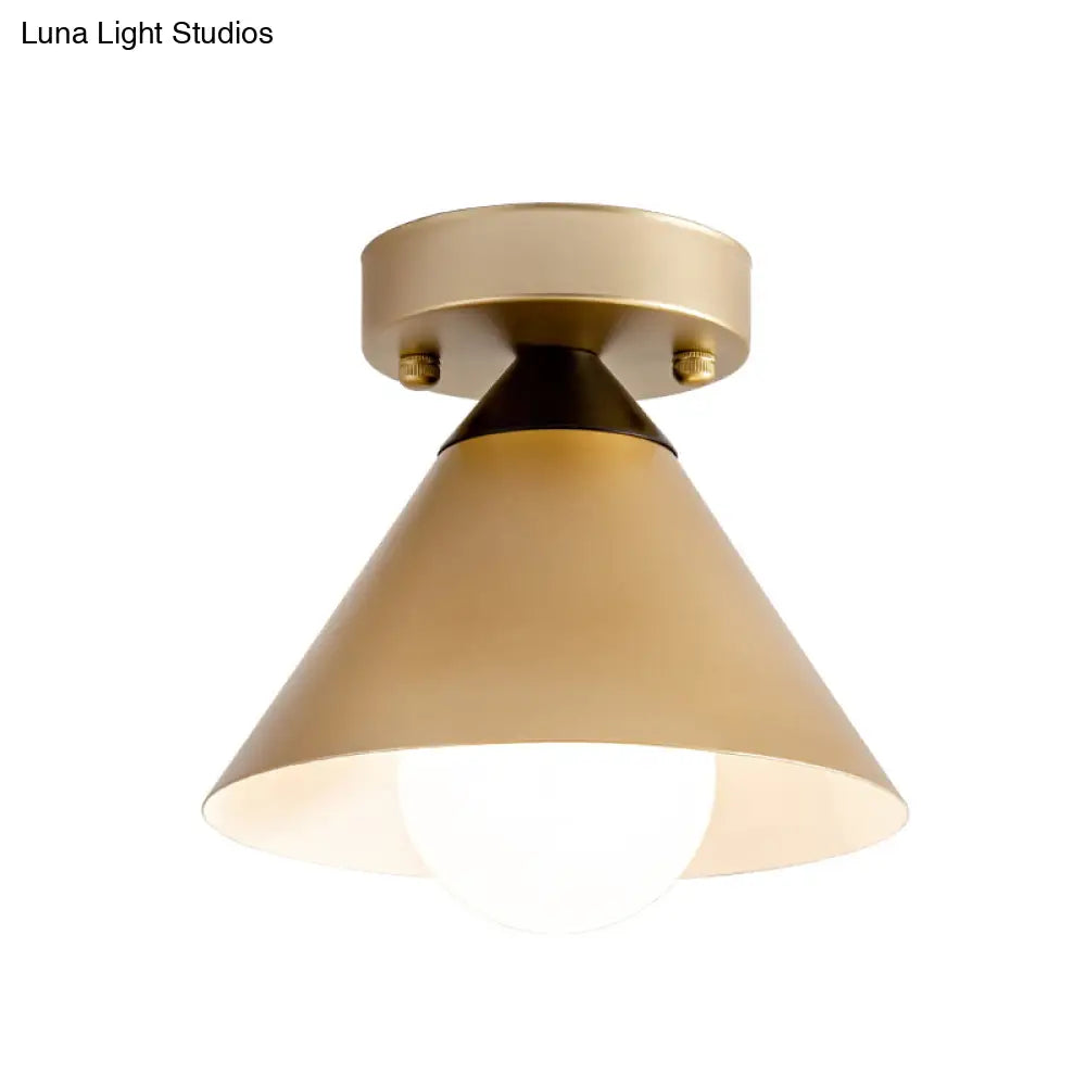 DecorBites™ DecorBites™ Antique Gold Flush Light with Cone Metal Shade for Corridors