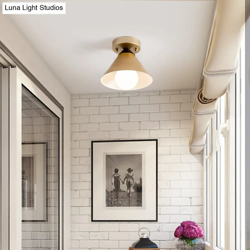 DecorBites™ DecorBites™ Antique Gold Flush Light with Cone Metal Shade for Corridors