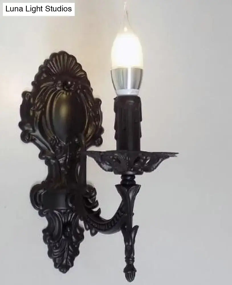 Black ornate wrought iron wall sconce with single candle bulb creative retro european wall bedroom light