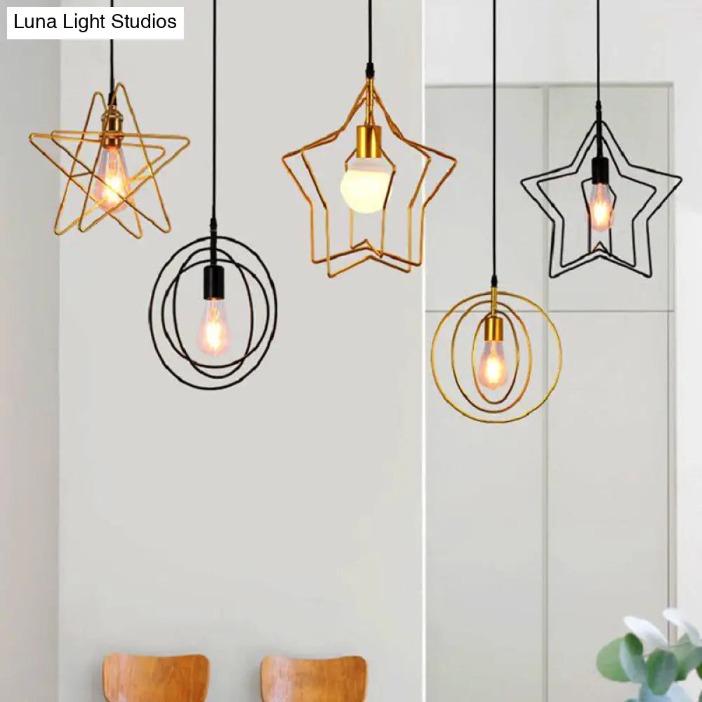 مصباح معلق على شكل قفص على شكل نجمة ذهبية عتيقة لغرفة الطعام - تركيب معلق بضوء واحد