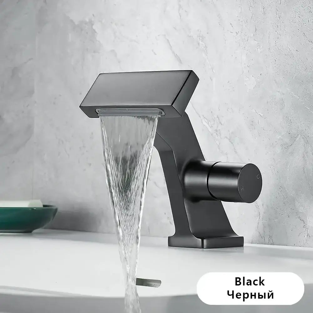 Black matte-finish single hole waterfall faucet with modern angular design for bathroom use anti-splash spout