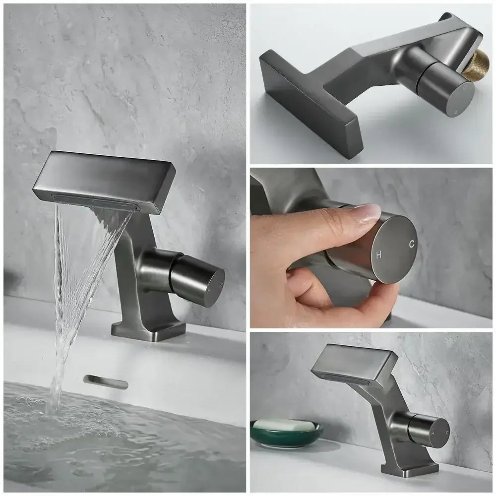 Modern matte black single hole bathroom faucet with waterfall spout and single handle for temperature control