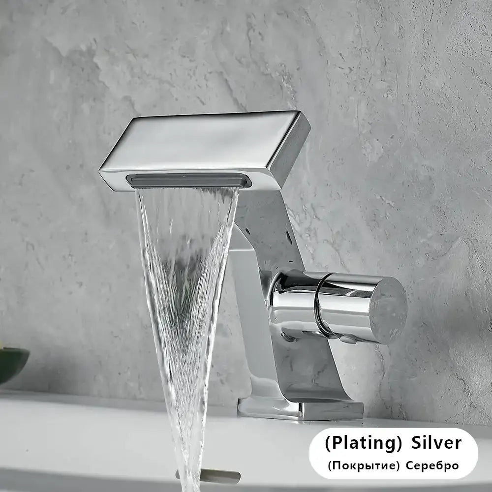Silver-plated single hole waterfall bathroom faucet with polished chrome finish and anti-splash spout in modern design