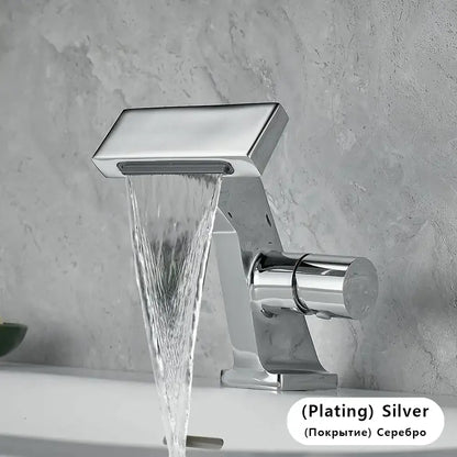 Silver-plated single hole waterfall bathroom faucet with polished chrome finish and anti-splash spout in modern design